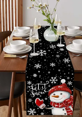 Vista 4 de Camino de mesa de muñeco de nieve de Navidad negro – Lino de algodón de 36 pulgadas de largo, bufandas de vestido de Navidad con copo de nieve