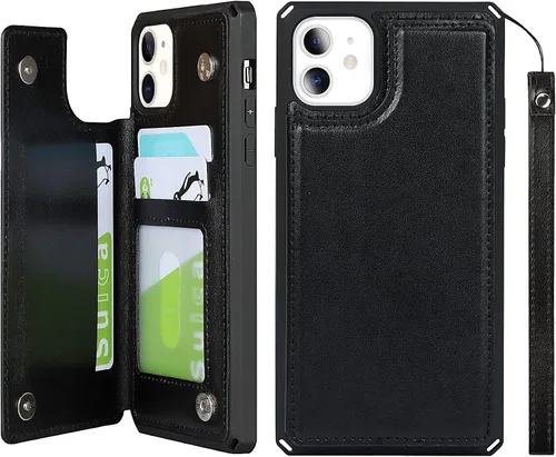 Vista 13 de iCoverCase Funda compatible con iPhone 11 con tarjetero para mujer, bloqueo RFID en relieve, piel sintética con correa de muñeca de 6.1 pulgadas