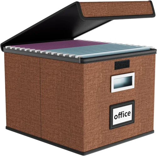 Vista 23 de Caja organizadora de archivos Huolewa con tapa, caja organizadora de carpetas de archivos colgantes de cuero sintético plegable con deslizadores