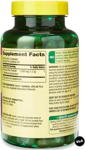 Vista 4 de Spring Valley - Arroz de levadura roja para colesterol Cápsulas de 600 mg 120 unidades + adhesivo VLS