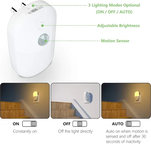 Vista 2 de MAZ-TEK Luz nocturna regulable con sensor de movimiento enchufable, luz nocturna LED blanca cálida suave con sensor de movimiento del atardecer al
