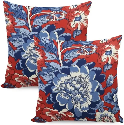 Vista 41 de Juego de 2 almohadas coloridas de estilo chinoiserie, color rosa intenso, azul real, peonía, floral, blanco, lino, estilo chinoiserie, para sofá