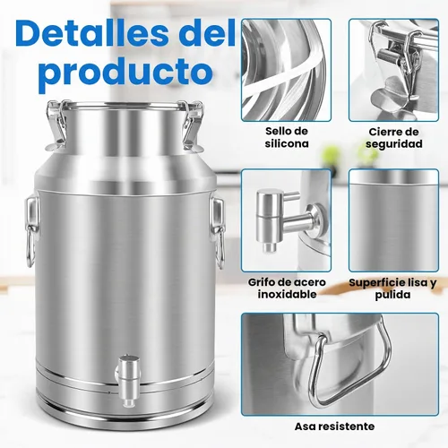 Vista 4 de Lata de leche de acero inoxidable 304 de 20 litros, cubo de vino de 5.25 galones con espita y tapa sellada, resistente