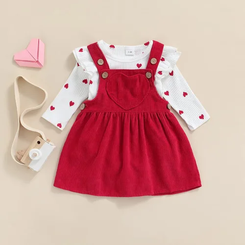 Vista 14 de My First Valentine's Day - Conjunto de ropa para bebé niña con volantes, manga larga, estampado de corazón, falda con tirantes
