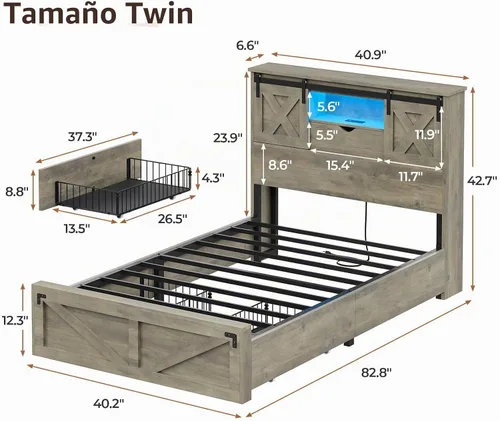 Vista 2 de Hasuit Marco de cama de granja tamaño individual con 2 cajones de almacenamiento, plataforma de madera con luces LED y estación de carga, cabecera
