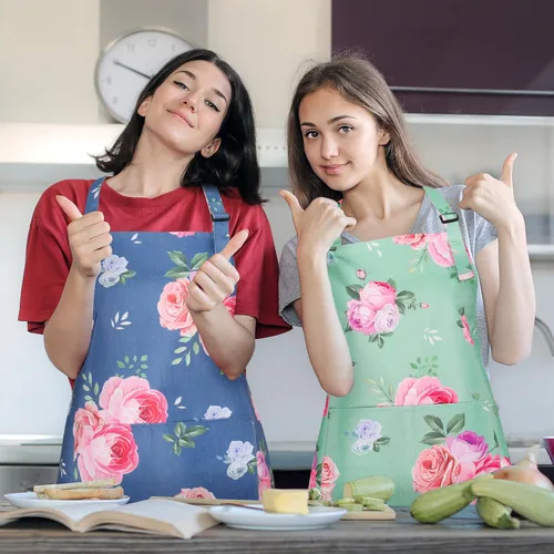 Vista 6 de Paquete de 2 delantales florales para mujer con bolsillos, delantal de cocina ajustable para cocinar, hornear, jardinería, manualidades