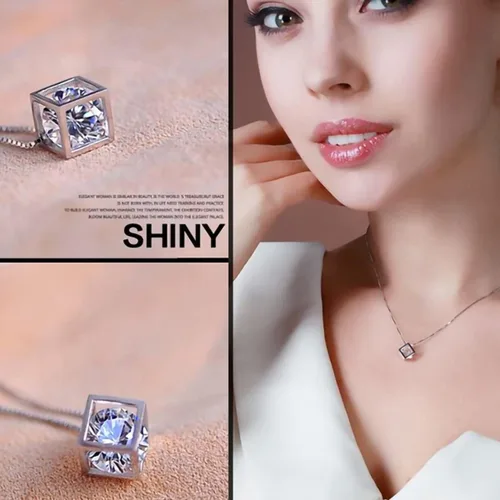 Vista 4 de Colgante de plata de ley 925 con forma de cubo de diamantes de corte redondo para mujer, chapado en oro blanco de 18 quilates