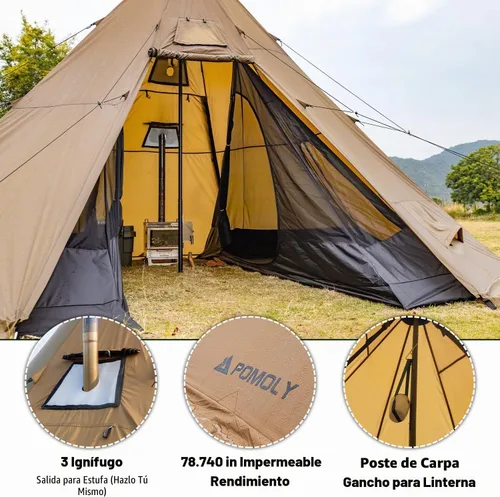 Vista 4 de POMOLY Tipi Tent Camping Hot Tents, Bromance 70 Pyramid with 3 Stove Jacks for 2-4 Person Hiking Hunting
