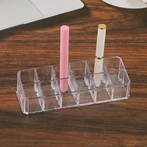 Vista 3 de Estuche organizador de lápiz labial acrílico de 12 ranuras, organizador transparente de maquillaje cosmético, soporte para almacenamiento