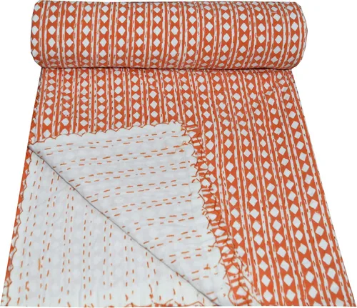Vista 4 de Colcha con estampado de bloques indios Kantha, tamaño Queen, colcha de algodón puro (individual 90 x 60 pulgadas, beige)