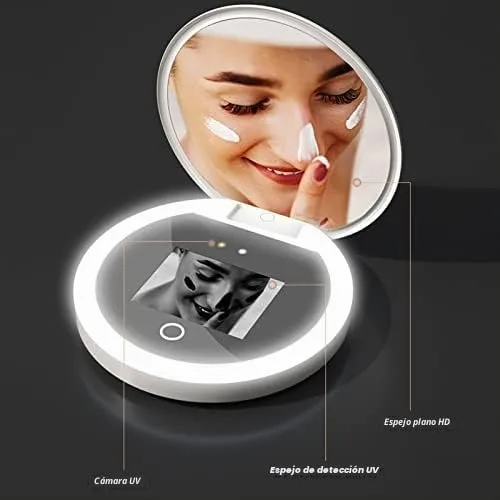 Vista 2 de Espejo compacto de viaje con cámara, espejo portátil de aumento 2X con luces para verificar protector solar, espejo de maquillaje LED, espejo