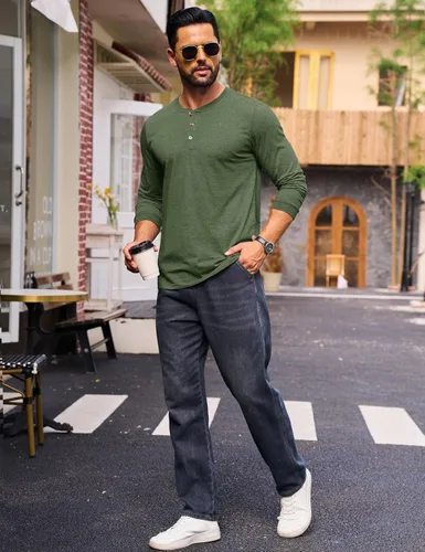 Vista 4 de Cotrasen Camisas Henley de Manga Larga para Hombre Camisetas de Algodón con 3 Botones Tops Casuales Básicos de Moda