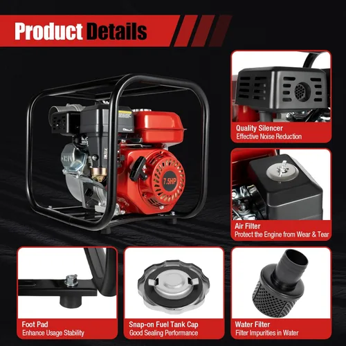 Vista 9 de Bomba de agua portátil con motor de gasolina de 7.5 HP 3KW 3600-Rpm de 3 pulgadas, caudal de 60m3/h Bomba de transferencia de agua semi-basura