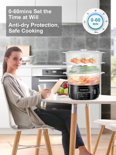 Vista 5 de Vaporizador eléctrico de 3 niveles para cocinar, vaporizador de verduras de 13.7 cuartos de galón para cocción simultánea rápida, vaporizador