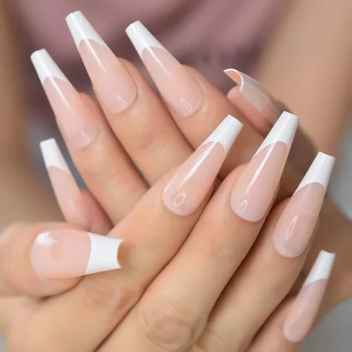 Vista 3 de Puntas de uñas largas tipo ataúd, puntas de uñas blancas a presión, uñas postizas artísticas francesas diseñadas con uñas de gel UV, uñas de salón