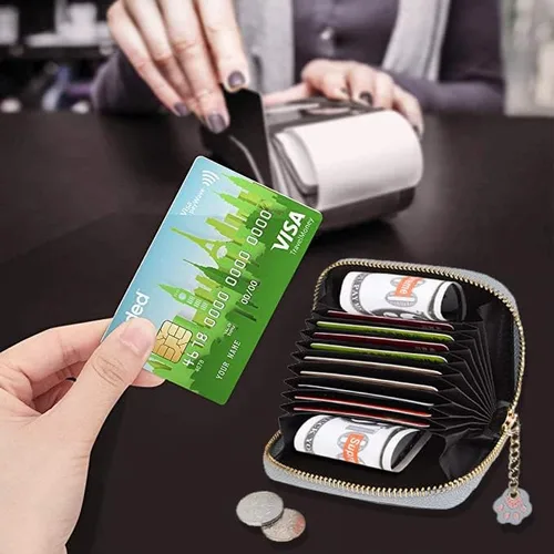 Vista 5 de Sunwel Fashion Lindo portatarjetas con diseño de gato pequeño - Estuche para tarjetas con cremallera de acordeón, bolsillos para efectivo, monedero