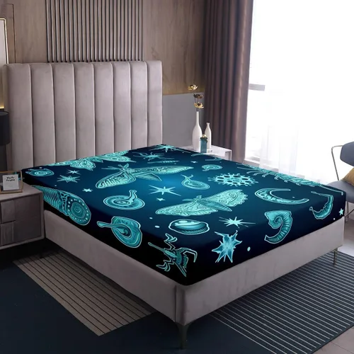 Vista 7 de Erosebridal Juego de ropa de cama color verde azulado tamaño individual, sábana bajera ajustable de polilla exótica Trippy Sun y Moon para niñas