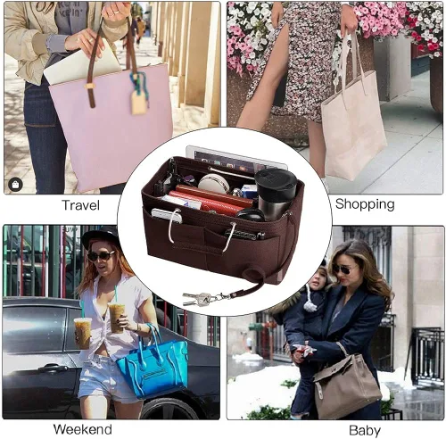 Vista 7 de Organizador de bolso, organizador de bolsos de fieltro con múltiples bolsillos, inserto organizador de bolsos con asas, mediano, grande, XL, Gris