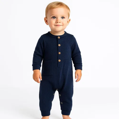 Vista 3 de Conjunto de dos piezas para bebé niño y niña, mono liso de manga larga acanalado de punto de algodón Azul y azul oscuro.
