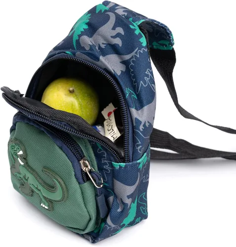 Vista 6 de Bolso bandolera para niños pequeños de dibujos animados de dinosaurios, bolso de hombro, monedero, mochila de cintura de nailon para niños de 1 a 5