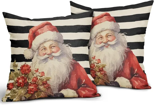 Vista 2 de Juego de 2 fundas de almohada navideñas de 20 x 20 pulgadas, diseño de Papá Noel, diseño floral rojo, a rayas, para exteriores, estilo granja