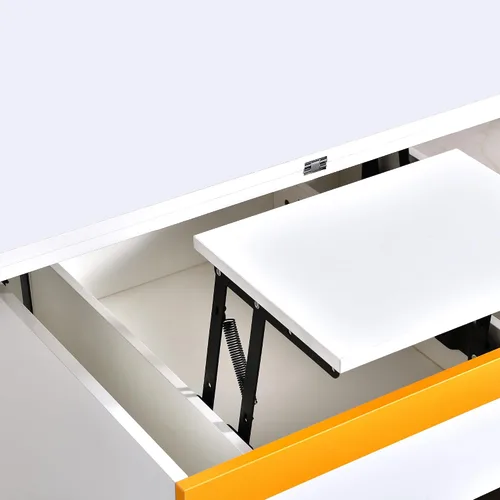 Vista 5 de Mesa auxiliar elevable con 4 taburetes de almacenamiento, moderna mesa central de ahorro de espacio con parte superior plegable, mesa de centro