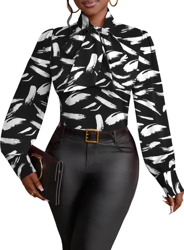 Vista 30 de Vrtige Camisa de mujer elegante con cuello de lazo, manga larga, blusa para la oficina