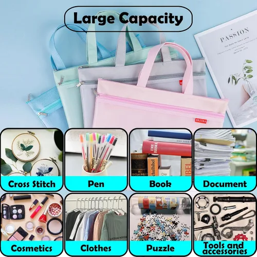 Vista 5 de Bolsa de malla con cremallera de 11 x 13.7 pulgadas, bolsa A4 impermeable de doble bolsillo con asa, almacenamiento de documentos para la escuela
