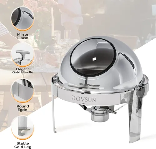 Vista 6 de ROVSUN Juego de bufé de platos de roce con tapa enrollable, 6 cuartos de galón de acero inoxidable redondo para catering, servidores de buffet