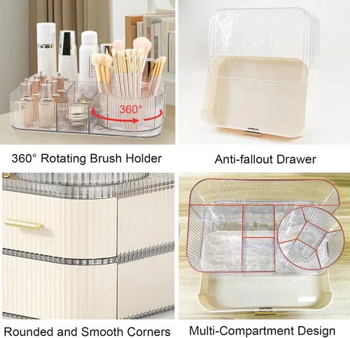 Vista 6 de DASITON Organizador de Maquillaje con Cajones y Soporte Giratorio para Brochas de Maquillaje, Organizador de Cosméticos Apilable de Gran Capacidad