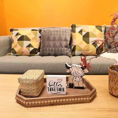 Vista 4 de Hrastany Bandeja de servir rústica de madera con cuentas, bandeja decorativa de granja marrón para centro de mesa, decoración navideña de boda