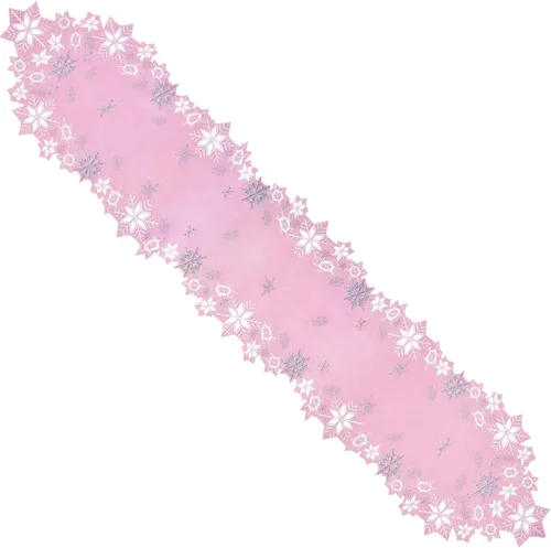 Vista 3 de Caminos de mesa bordados de copos de nieve rosados para Navidad e invierno (rosa, 14 x 34 pulgadas)