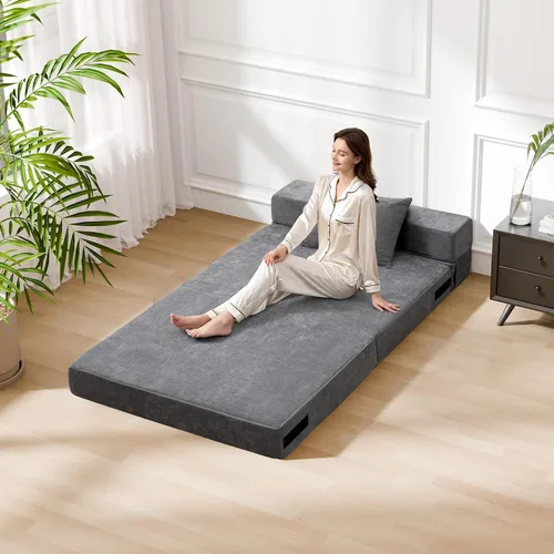 Vista 7 de HOMFINE Sofá cama plegable - Silla cama convertible con cojín, sofá desplegable, colchón de espuma viscoelástica para piso, sofá futón, sofá