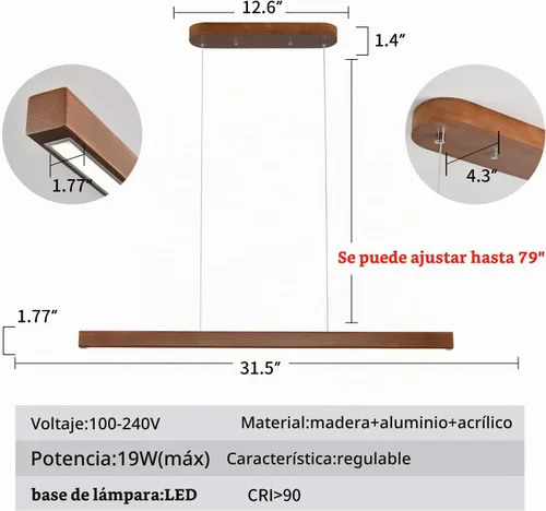 Vista 2 de Lámpara colgante lineal de madera de 31.5" – Lámpara de araña LED regulable con control remoto, iluminación moderna ajustable de estilo granja