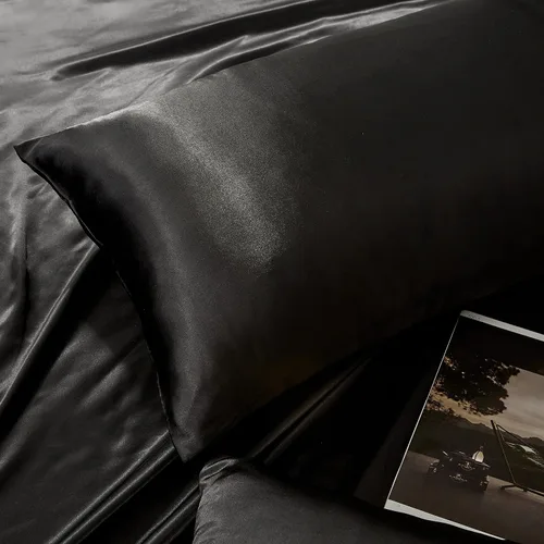 Vista 4 de Juego de 2 fundas de almohada de satén negro estándar con cierre de sobre, funda de almohada de seda negra para cabello y piel (20 x 26 pulgadas)