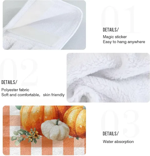 Vista 5 de Boccsty Toallas de Cocina Colgantes de Calabaza Otoñal 2 Piezas Cosecha Girasol Naranja Cuadros Buffalo Paños de Cocina con Lazo Toallas de Mano