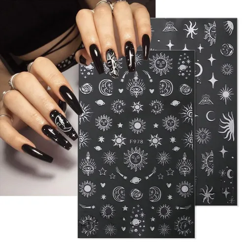 Vista 4 de 8 hojas de calcomanías metálicas para arte de uñas, luna plateada, estrella, sol, calcomanías de uñas de serpiente, calcomanías 3D autoadhesivas