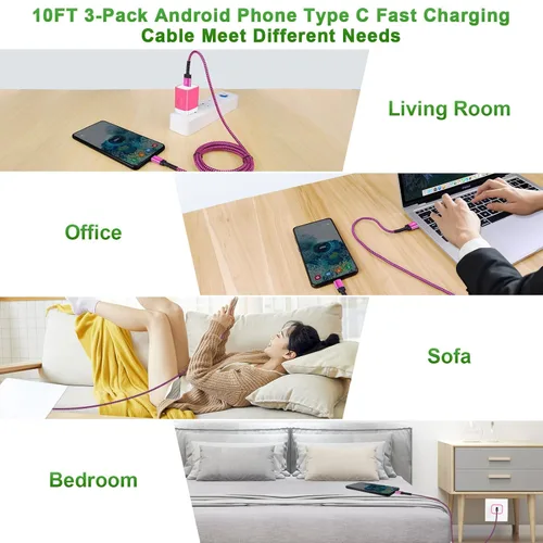 Vista 7 de Paquete de 3 cables Samsung de carga rápida USB tipo C de 10 pies para Samsung Galaxy S26 Ultra/A17 5G/A16/A56/S25FE/A15/A54/S24Plus/Z