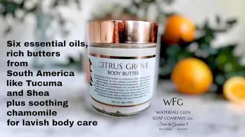 Vista 6 de WFG WATERFALL GLEN SOAP COMPANY, LLC, Citrus Grove vegano, mantequilla corporal, hidratante calmante para todo el cuerpo con manteca de karité
