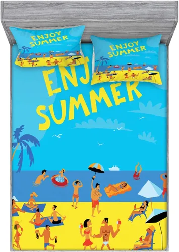 Vista 4 de Ambesonne Hello Summer 2 Pack Fitted Sheet & Pillow Sham Set, People Tropical Beach, 4 Pcs Bedding Decor, Package Contains 2 Full Size Fitted Sheets