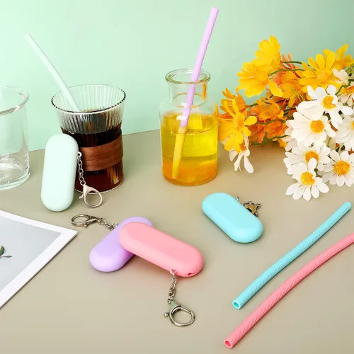 Vista 6 de Prasacco 4 juegos de pajitas reutilizables de silicona con estuche, pajitas plegables y portátiles para viajes y fiestas