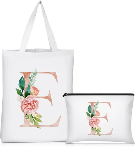 Vista 9 de Sanwuta 2 bolsas de lona con inicial, diseño floral con letras florales, bolsas de cosméticos de viaje, bolsas con monograma para mujer, mujer