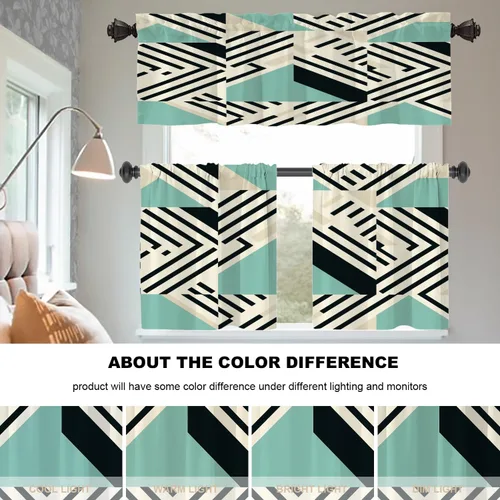 Vista 6 de Cortinas geométricas de cocina para ventanas, color negro, blanco, turquesa, cenefas opacas de poliéster multicapa para cocina, paquete de 2