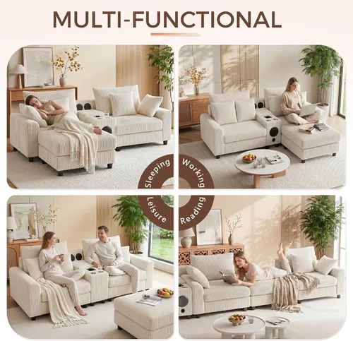 Vista 4 de MAKIAAP Sofá modular de pana de 83 pulgadas con altavoces, cómodo sofá biplaza de asiento profundo con otomana móvil, consola, cargador USB, Beige