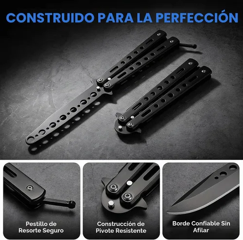 Vista 6 de Little World Cuchillo de mariposa – Paquete de 2 herramientas de práctica de acero de metal – Cuchillo plegable sin afilar – Cuchillo de mariposa