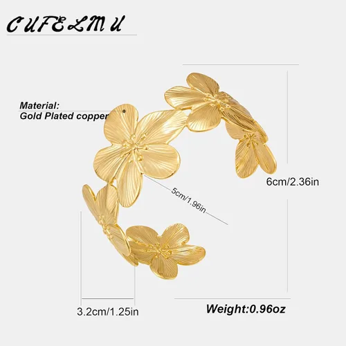 Vista 5 de Brazalete hueco de flor vintage dorada para mujer, pulsera abierta ajustable