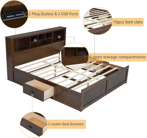 Vista 5 de Polibi Cama de plataforma de madera tamaño King con cabecera de almacenamiento múltiple, puertos y cajones de carga USB, plataforma