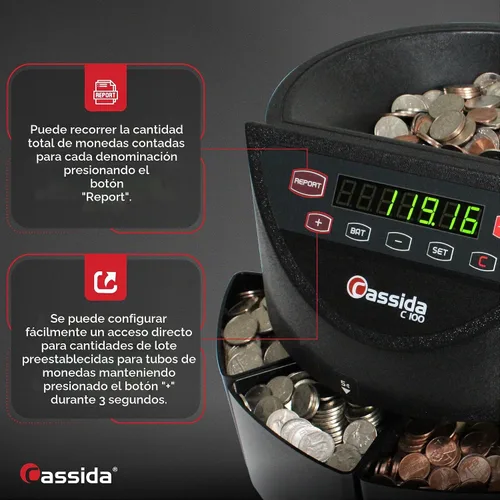 Vista 4 de Cassida Clasificador/contador electrónico de monedas C100, monedas contables 1¢, 5¢, 10¢, 25¢, 250 monedas/min, 110 VAC