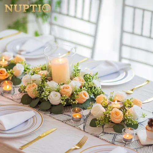 Vista 7 de NUPTIO Pequeños anillos de flores para centros de mesa: corona de velas blancas y champán de 9.05 pulgadas para decoración de mesa de Navidad