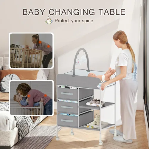 Vista 2 de Cambiador portátil para bebé, cambiador de pañales con almohadilla impermeable, cambiador para niños pequeños con 3 cestas de almacenamiento
